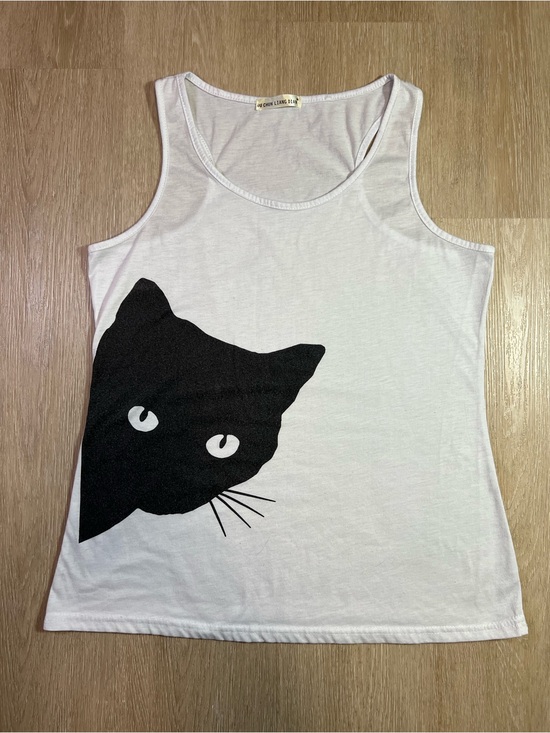 Tops - White Tank Top with Black Cat Print Semi-Sheer